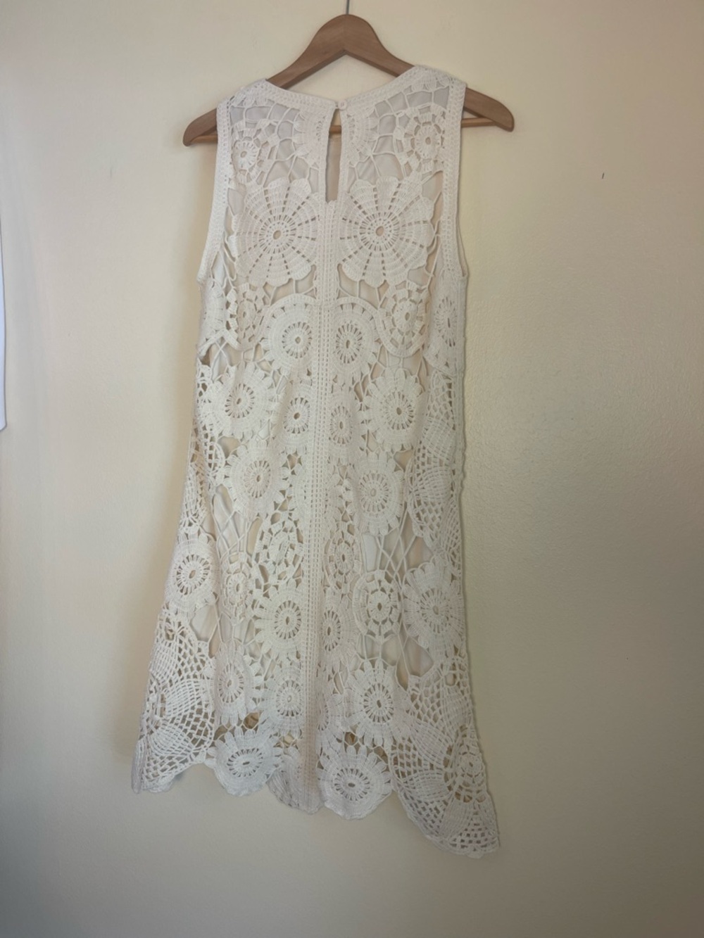 Boho Ivory Crochet Lace Shift Dress XL Lined Open Knit Coastal Wedding Guest - Picture 10 of 14